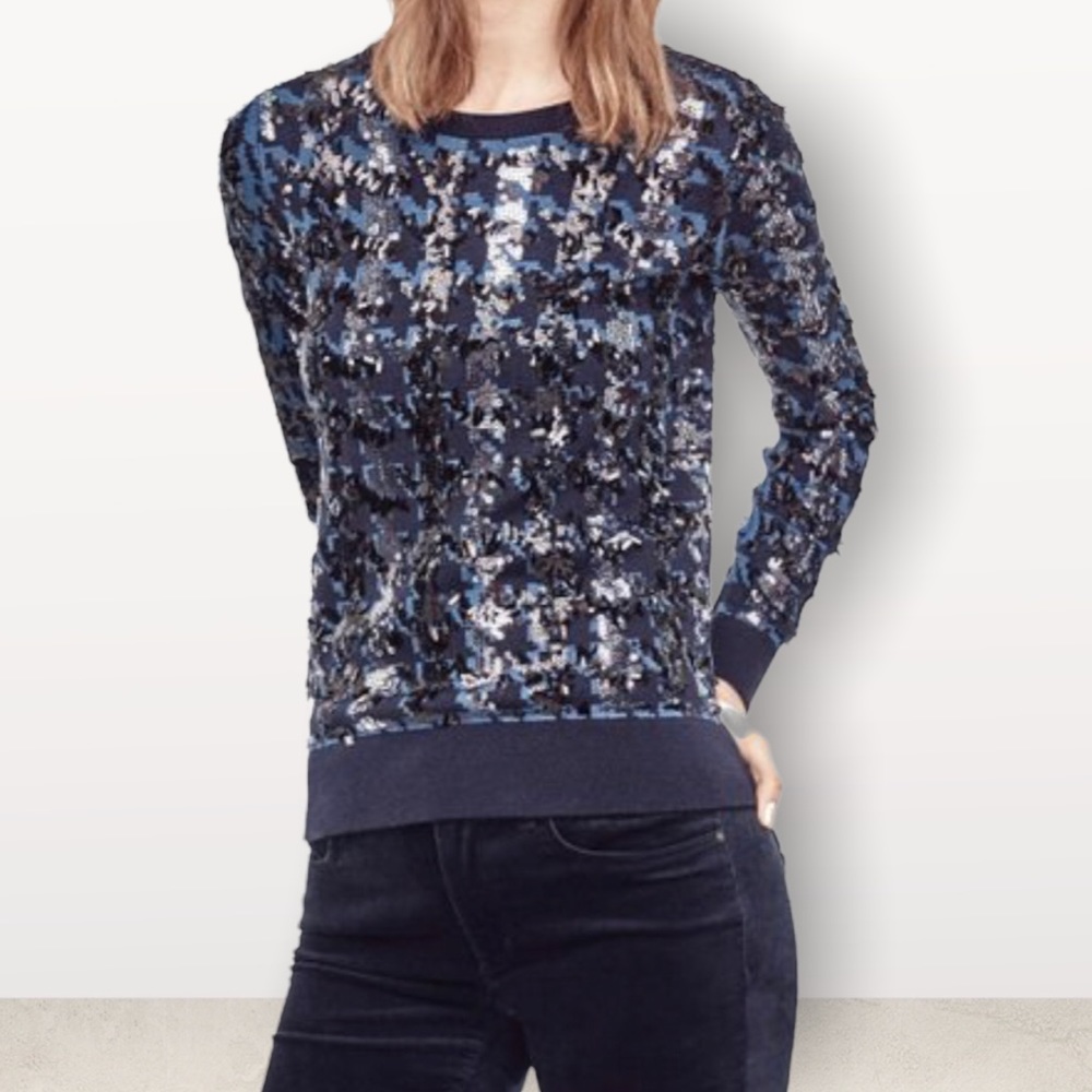 Ann Taylor Women's Sequin Houndstooth Wool Navy Blue Sweater‎ size XS